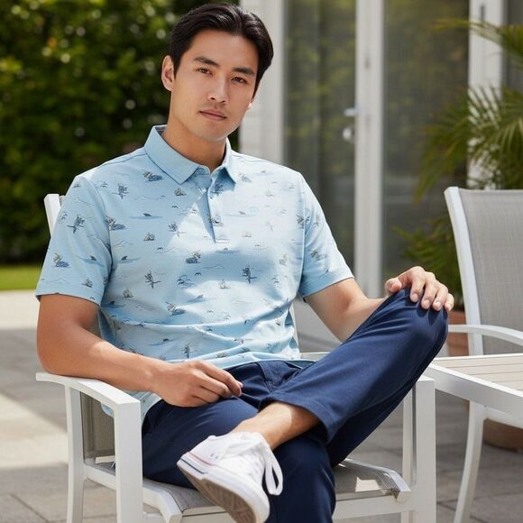 Travis Mathew Other - TravisMathew Golf Polo Shirt Men's Large Pelican Print Light Blue Pima Cotton